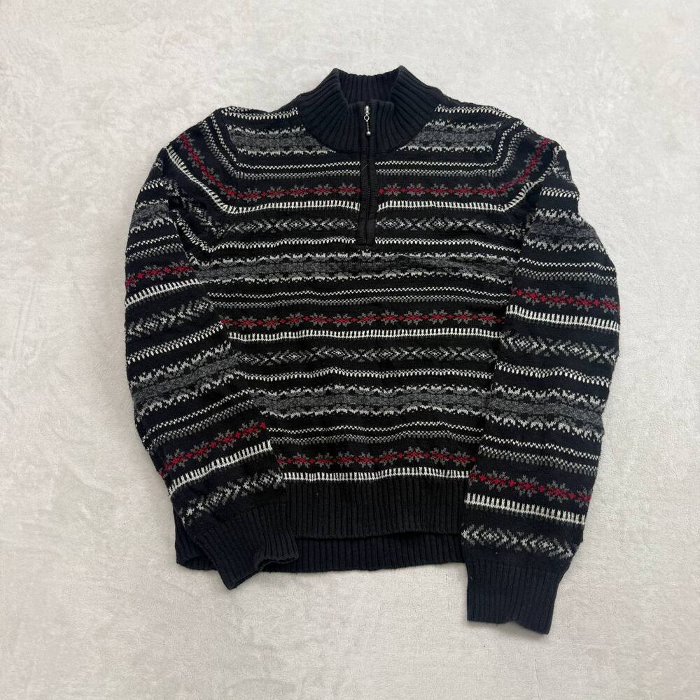 Croft & Barrow Men's 1/4 Zip Sweater Size XL Black Fair Isle Knit Pullover
